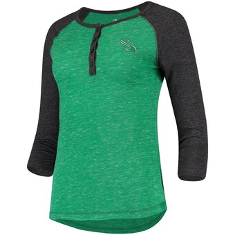 Women's Colosseum Heathered Kelly Green North Texas Mean Green Slopsestyle Three-Quarter Sleeve Henley T-Shirt
