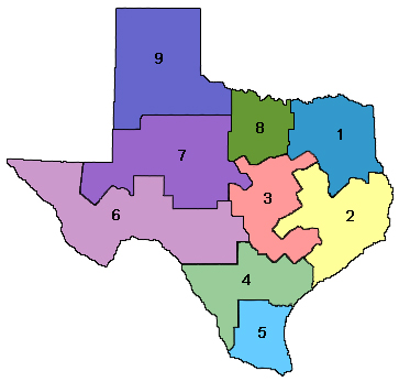 Map of Administrative Judicial Regions (9) of Texas