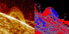 {Spiffy SDAC logo with ultraviolet intensity and Doppler
velocity images of a loop system on the solar limb}