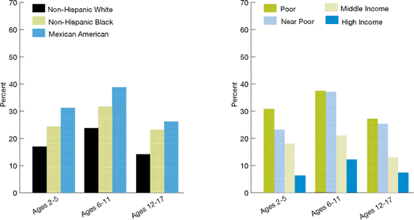 Bar charts show children ages 2-5, 6-11, and 12-17 with untreated dental caries. By Race/ethnicity: Ages 2-5: Non-Hispanic White, 17.0%; Non-Hispanic Black, 24.4%; Mexican American, 31.2%. Ages 6-11: Non-Hispanic White, 23.7%; Non-Hispanic Black, 31.6%; Mexican American, 38.8%. Ages 12-17: Non-Hispanic White, 14.2%; Non-Hispanic Black, 23.1%; Mexican American, 26.2%. By Income: Ages 2-5: Poor, 30.8%; Near Poor, 23.2%; Middle Income, 18.2%; High Income, 6.3%. Ages 6-11: Poor, 37.3%; Near Poor, 36.9%; Middle Income, 21.0%; High Income, 12.1%. Ages 12-17: Poor, 27.2%; Near Poor, 25.4%; Middle Income, 13.0%; High Income, 7.2%.