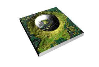 An artist rendition of LROC imaging data in shades of light to dark gray. Small rock hazards are shown in yellow. Level landing sites are shown in dark green.