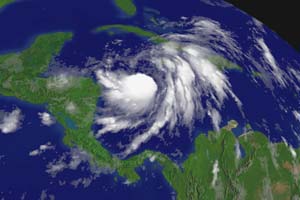 NOAA satellite image of Tropical Storm Wilma taken at 9:15 a.m. EDT on Oct. 17, 2005, as the storm churns in the northwestern Caribbean Sea.