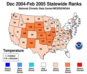 NOAA image of winter 2004-2005 state temperature rankings.