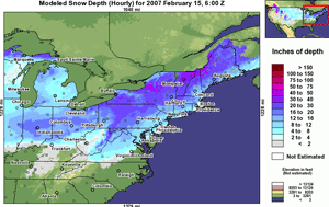 Map of snow depth across the northeast United States on February 15, 2007