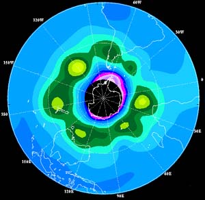 NOAA satellite image of ozone hole taken Aug. 25, 2003.