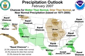 NOAA image of February 2007 precipitation outlook.