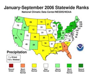 NOAA image of January-September 2006 statewide precipitation rankings.