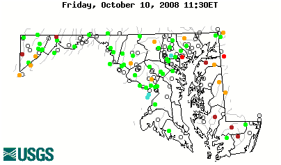 Stream gage levels in Maryland, relative to 30 year average.