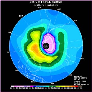 NOAA satellite image of Antarctic ozone hole taken Oct. 5, 2003.