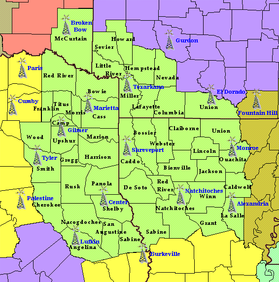 County/Parish Warning map for the NWS in Shreveport and the locations of the six transmitters operated by the NWS SHV.