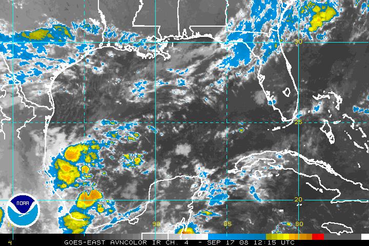 A recent IR image from GOES-12, zoomed in over the Gulf of Mexico.  Click on the image for a larger view.