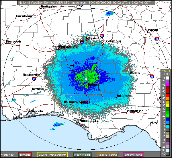 The latest base reflectivity image from the NWS Doppler radar at Ft. Rucker, AL.  Click on the image for additional options.