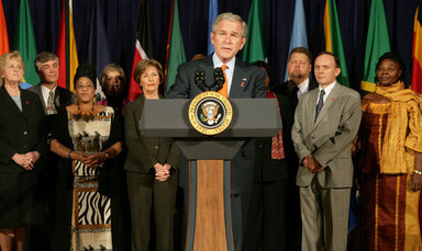 In recognition of World AIDS Day, President George W. Bush delivers a statement Friday, Nov. 30, 2007, after he and Mrs. Laura Bush participated in a roundtable in Mount Airy, Md., with faith-based groups regarding their roles in the global fight against HIV/AIDS. White House photo by Chris Greenberg