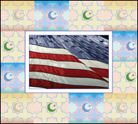 Graphic of U.S. flag and traditional Muslim imagery