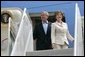 President George W. Bush and Mrs. Bush arrive aboard of Air Force One at General Mitchell International Airport - Air Reserve Station in Milwaukee, Wisconsin, Friday, Sept. 3, 2004.  White House photo by Eric Draper