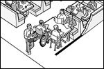 In a restaurant with booth seating, a man using a wheelchair is seated at an accessible table with three companions.