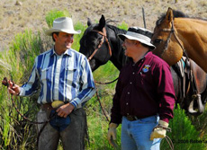 Ranch Manager Stacy Davies (L) and U.S. Fish and Wildlife Service's Assistant Director of Endangered Species, Bryan Arroyo on Roaring Springs Ranch in Frenchglen, Oregon. Credit: (c) Roberta Guarino