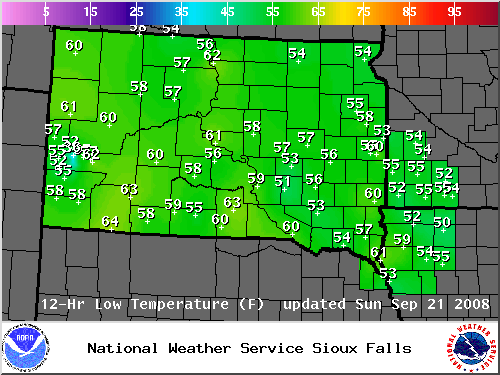 24 Hour Minimum Temperature Map (Text Data Below).  Click map for a larger view.