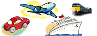 cartoon graphic collage of red car, blue airplane, black and yellow train, and a white ship