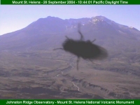 An image of Mount St. Helens with a fly on the lens.  Everyone just wants their picture taken with an active volcano!