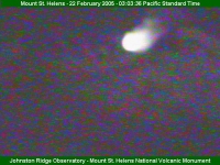 An early morning image of Mount St. Helens of a small collapse of hot rock from the south end of the growing lava dome, exposing hot, incandescent rock deeper in the dome.