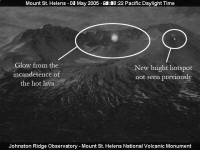 A bright light event on Mount St. Helens captured by the VolcanoCam.  This is an annotated image.