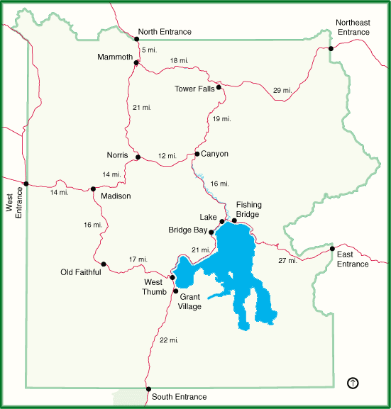 Colored map of Yellowstone detailing roads.