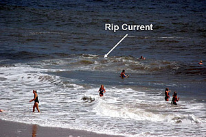 Arrow points to rip current