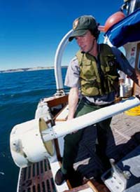 (NPS photo) Launch of a magnetometer for the Drakes Bay survey