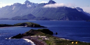 Archaeologosts camped out overlooking Takli Island, Amalik Bay National Historic Landmark, Katmai National Park and Preserve. NPS photo.