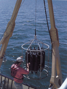 Photo showing a research vessel collecting water samples for the Great Lakes International Surveillance and Monitoring Program.