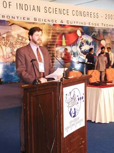 OES/SAT officer Joe Seman addresses the Space Summit of the 90th Indian Science Congress in Bangalore, India on January 4 ,State Dept. photo,