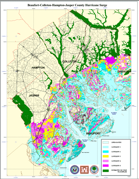 Beaufort, Colleton, Hampton, and Jasper County Hurricane Surge Map