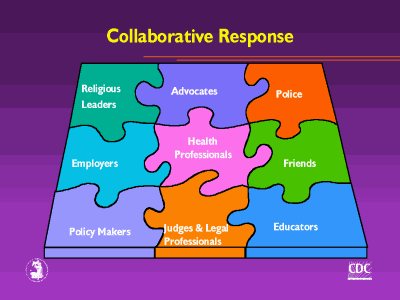 (Puzzle of) Collaborative response Religious leaders, Advocates, Police, Employers, Health Professionals, Friends, Policy Makers,  Judges & legal professionals, Educators
