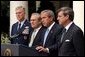 Listing recent achievements reached in Iraq, President George W. Bush holds a press conference in the Rose Garden, Wednesday, July 23, 2003. Standing with the President are Chairman of the Joint Chiefs of Staff General Richard Myers, Secretary of Defense Donald Rumsfeld and Presidential Envoy to Iraq Ambassador Paul Bremer.  White House photo by Paul Morse