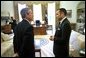 President George W. Bush talks with His Majesty King Mohammed VI of Morocco in the Oval Office Tuesday, April 23. "Today, I've informed His Majesty that our government will work to enact a free trade agreement with Morocco," said the President to the media. "Trade is an important part of good foreign policy, it's an important part of making sure Americans can find jobs." White House photo by Eric Draper.