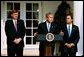 Announcing the national "Do Not Call Registry," President George W. Bush stands with Federal Trade Commission Chairman Timothy Muris, left, and Federal Communications Commission Chairman Michael Powell in the Rose Garden Friday, June 28, 2003. The registry protects privacy by blocking incoming telemarketing calls.  White House photo by Susan Sterner