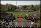 President George W. Bush and Pope Benedict XVI, seen from Truman Balcony of the White House, stand together on the reviewing stand during the welcoming ceremony for the Pope on the South Lawn of the White House Wednesday, April 16, 2008. White House photo by Joyce N. Boghosian