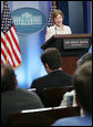 Mrs. Laura Bush addresses reporters in the James S. Brady Press Briefing Room Monday, May 5, 2008 at the White House, on the humanitarian assistance being offered by the United States to the people of Burma in the aftermath of the destruction caused by Cyclone Nargis. White House photo by Shealah Craighead