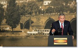 President George W. Bush emphasizes a point as he delivers remarks Tuesday, June 5, 2007, to democracy advocates at Czernin Palace in Prague. The President told his audience, "The most powerful weapon in the struggle against extremism is not bullets or bombs -- it is the universal appeal of freedom. Freedom is the design of our Maker, and the longing of every soul. Freedom is the best way to unleash the creativity and economic potential of a nation. Freedom is the only ordering of a society that leads to justice. And human freedom is the only way to achieve human rights."  White House photo by Chris Greenberg