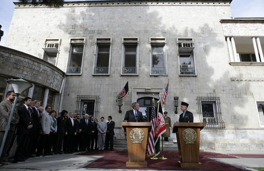 President George W. Bush and President Hamid Karzai of Afghanistan hold a press availability Wednesday, March 1, 2006, in Kabul during a stop en route to India. President Bush told President Karzai that he hoped "the people of Afghanistan understand that as democracy takes hold, you're inspiring others. And that inspiration will cause others to demand their freedom." White House photo by Eric Draper