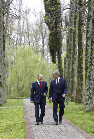 President George W. Bush and Russia's President Vladimir Putin walk together before the start of their joint press availability, Sunday, April 6, 2008, at President Putin's summer retreat, Bocharov Ruchey, in Sochi, Russia. White House photo by Eric Draper