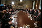 President George W. Bush talks with the media during a Cabinet meeting in the Cabinet Room Monday, Feb. 5, 2007. "I appreciate my Cabinet joining me today as we discussed our budget," said the President. "Today we submit a budget to the United States Congress that shows we can balance the budget in five years without raising taxes." White House photo by David Bohrer