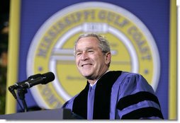 President addresses the 2006 graduation class at Mississippi Gulf Coast Community College in Biloxi, Miss., Thursday, May 11, 2006. "This afternoon, we celebrate commencement in a stadium that is still under repair, near streets lined with temporary housing, in a region where too many lives have been shattered -- and there has never been a more hopeful day to graduate in the state of Mississippi," said the President.  White House photo by Paul Morse