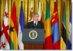 President George W. Bush announced the 16 countries selected for the Millennium Challenge Account during a White House ceremony in the East Room Monday, May 10, 2004  White House photo by Paul Morse