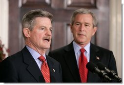 Ambassador Jim Nicholson addresses the press during President George W. Bush's announcement of Mr. Nicholson's nomination as the Secretary of Veterans Affairs in the Roosevelt Room Thursday, Dec. 9, 2004.  White House photo by Eric Draper