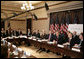 President George W. Bush talks with members of the media at the President’s Management Council meeting, Friday, Oct. 13, 2006, at the Eisenhower Executive Office Building in Washington, D.C. The council met to discuss the President’s Management Agenda accomplishments, which will be summarized in a government-wide report to Federal employees and Congress on the state of the government’s management practices. White House photo by Eric Draper