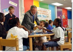 President George W. Bush visits with students from Kirkpatrick Elementary School in Nashville, Tenn., Monday, Sept. 8, 2003.  White House photo by Tina Hager