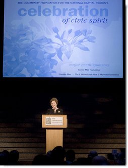 Mrs. Laura Bush addresses the Community Foundation for the National Capital Region's "A Celebration of Civic Spirit" gala Tuesday, April 24, 2007, at the Ronald Reagan Building and International Trade Center in Washington, D.C. "Guided by the Community Foundation, Washington residents give back to their cities through more than 600 charitable funds," said Mrs. Bush. White House photo by Shealah Craighead