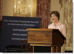 Laura Bush delivers remarks during the U.S. University Presidents Summit on International Education at the U.S. State Department Friday, Jan. 6, 2006.  White House photo by Shealah Craighead